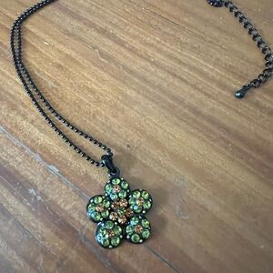 Crystal FLOWER NECKLACE Black Chain Green Gold